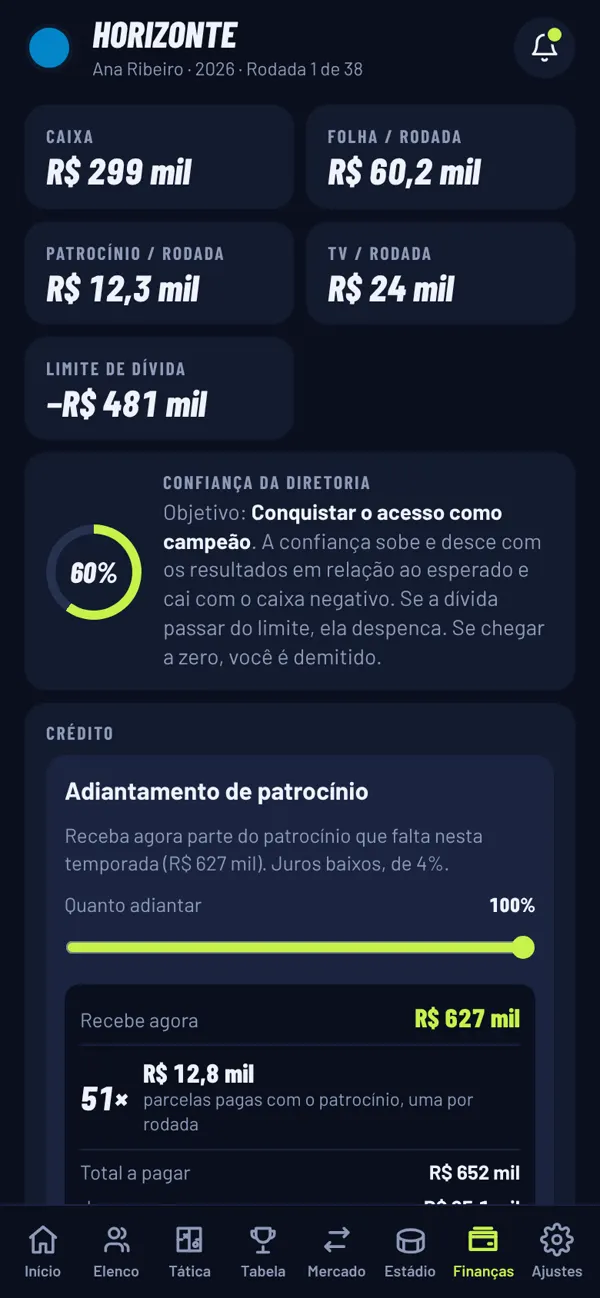 Tela de finanças: caixa, folha, patrocínio, TV e a confiança da diretoria